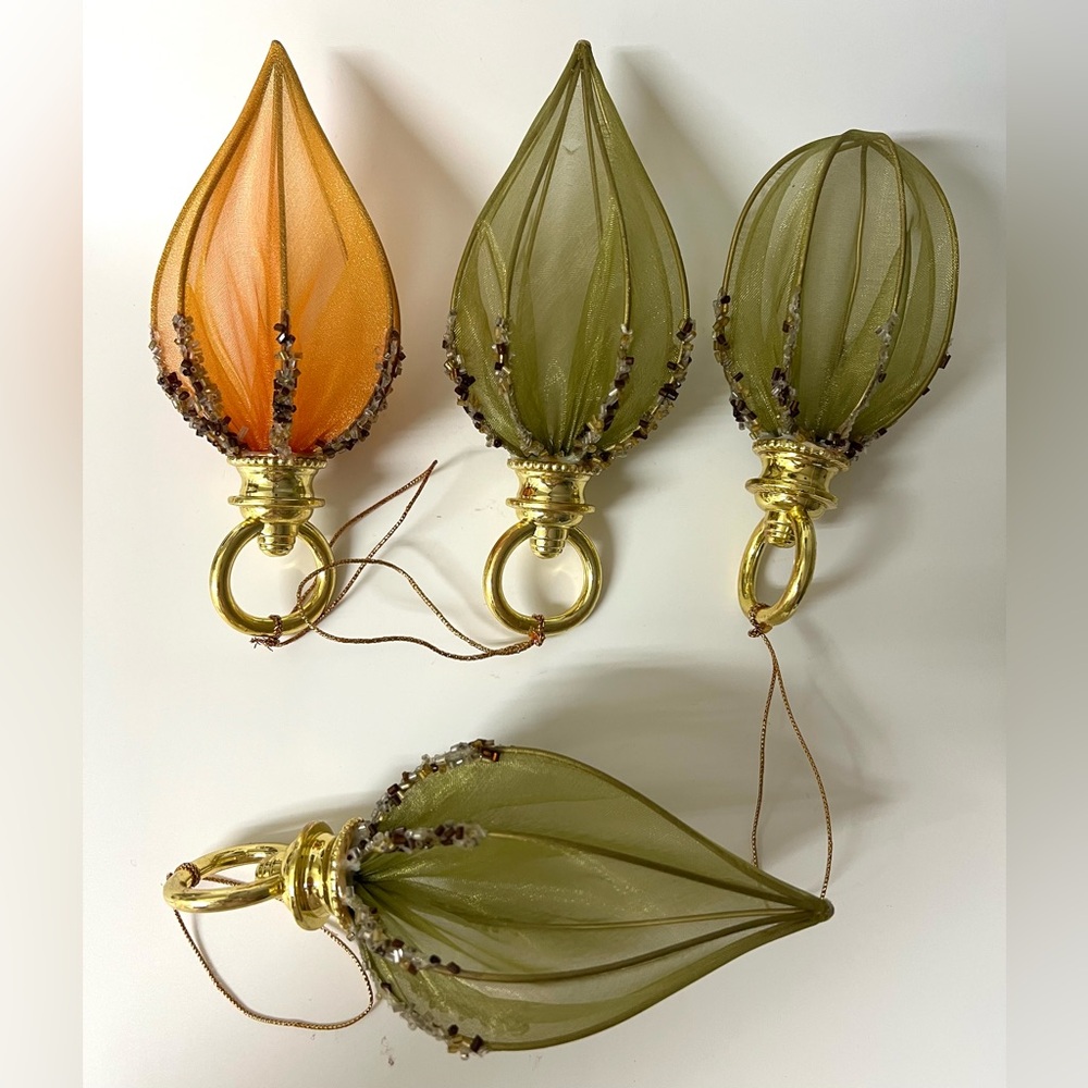 Set of 4 VTG Victorian Style Christmas Ornaments Fabric on Wire Teardrop Shape